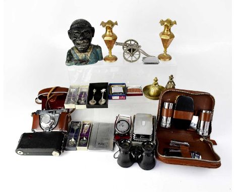 A collectors' lot to include a Canon camera, Islamic brass vases, opera glasses, money box, collectors' spoons, Ronson lighte
