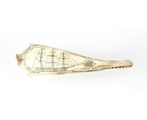 A 19th century whale jawbone scrimshaw, images of whaler with compass and leaf border, length 46cm.
