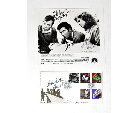 STAR TREK IV; THE VOYAGE HOME; a black and white promotional photograph bearing the signatures of William Shatner, DeForest K