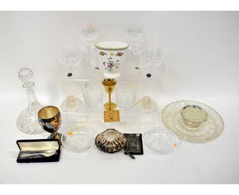 A quantity of cut and moulded glassware to include Bohemia crystal glasses, Stuart dishes and goblets, Spode 'Corinthian' vas