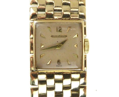 JAEGER-LECOULTRE; a ladies' 9ct gold wristwatch, the square dial set with raised gold baton and Arabic numerals, crown wind m