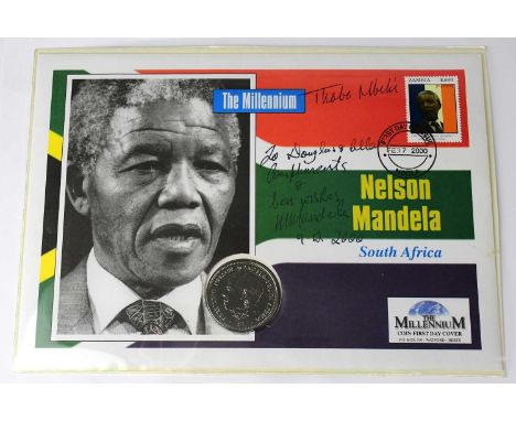 NELSON MANDELA; a first day cover with commemorative coin, Feb 7 2000, bearing signatures of Nelson Mandela and Thabo Mbeki.C