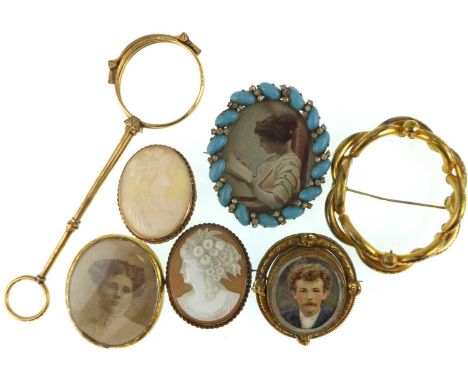 A quantity of 19th century jewellery including three portrait brooches, two cameo brooches, and a pair of gold-coloured lorgn