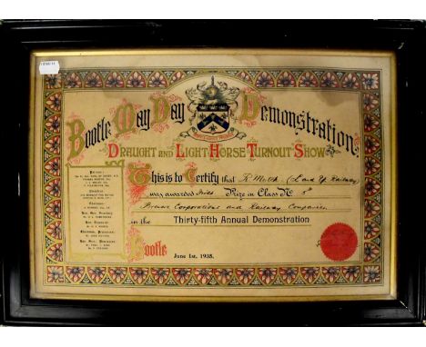 A First Prize certificate for the 'Bootle May Day Demonstration Draught and Light Horse Turnout Show', dated 1st June 1935, p