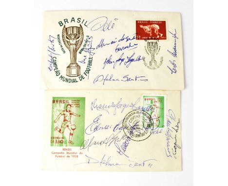 BRAZIL FOOTBALL; two first day covers bearing the signatures of the 1958 team to include Pele, Djalma Santos, Garrincha, etc.