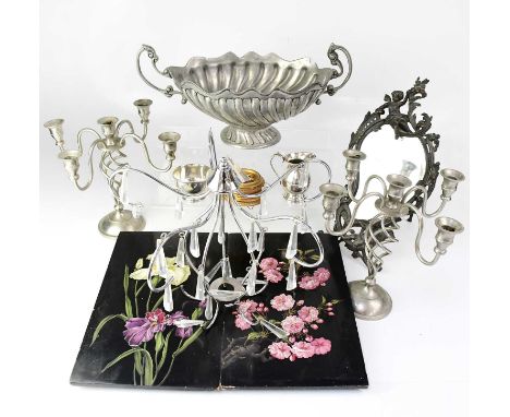 A collectors' lot to include a pair of white metal candelabra, a large twin-handled elliptical footed bowl, a contemporary li