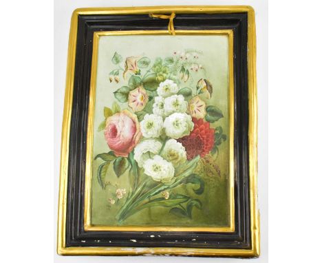A Victorian hand painted ceramic plaque depicting spray of flowers, unsigned and unmarked, 35 x 27cm, framed.