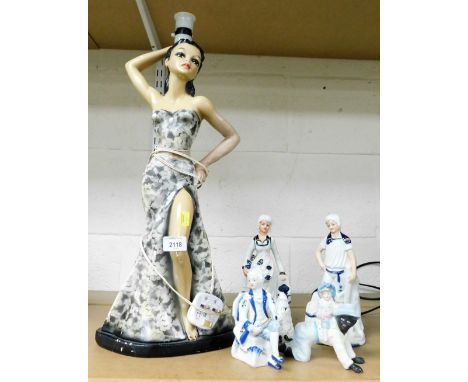 A mid century table lamp, in the form of a lady, 54cm high, a pair of bisque figures, 21cm high, etc.&nbsp;
Buyer Note: WARNI