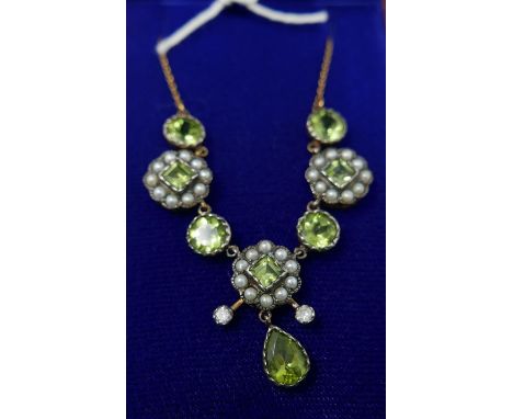 A boxed yellow gold, diamond, seed pearl and peridot cluster necklace, L: 48cm, 6.7g 