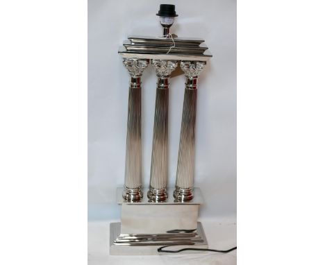 A contemporary silver plated three Corinthian column table lamp, H.72cm 