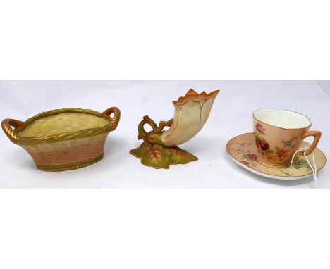 A Royal Worcester hand painted tea cup and saucer together with a Royal Worcester basket and vase 