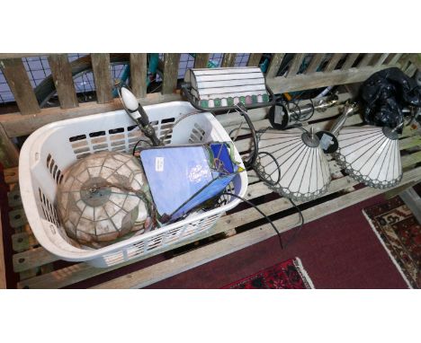 A collection of Tiffany style lights to include a pair of table lamps, a bankers lamp, turtle lamp, ceiling light shade and o
