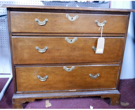 An early 19th century oak chest of three drawers, raised on bracket feet, H.81 W.91 D.52cm 