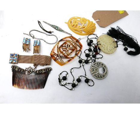 A collection of vintage and early 20th century costume jewellery: gilt metal and rhinestone bracelet and earrings, silver Art