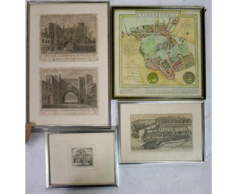 Two 19th century engravings of St Johns gate, Clerkenwell, by Alex Hogg, framed as one, together with The Charter House engra