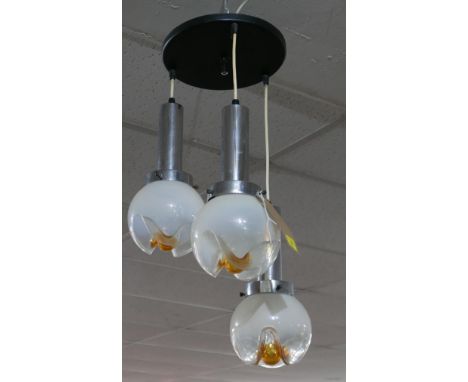 A 1970's vintage Italian Mazzega chrome and Murano glass 3 light pendant lamp 