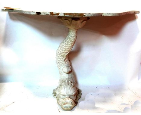 A white painted console table, the central support carved in the form of a fish, H.69 W.106 D.47cm 
