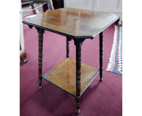 A Victorian inlaid walnut two tier lamp table, H.60 W.48 D.48cm 
