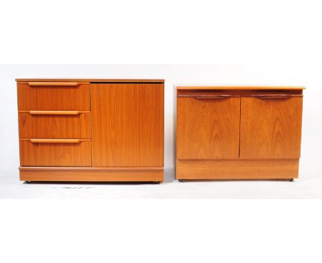 British Modern Design - Two vintage 20th century teak veneer sideboard / cupboards. Rectangular form with two pull down cabin