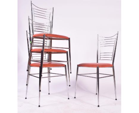 A set of four vintage 20th century chrome and red dining / kitchen bistro American diner chairs. Chrome ladder back with red 