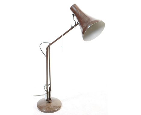 A retro mid 20th century anglepoise industrial factory table desk lamp light. Having a conical shade with press button to bac