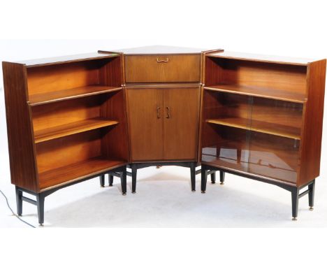 Nathan Furniture - A pair of vintage 20th century teak veneer open face bookcases, with a series of shelves, glazed sliding d