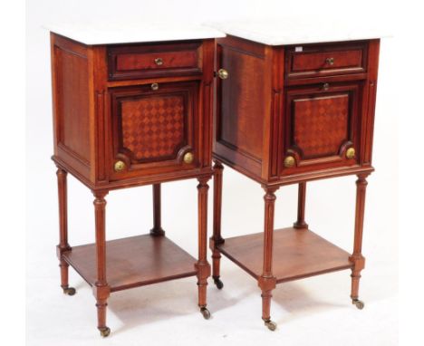 A pair of vintage 20th century crossbanding marble top bedside tables. Square form, mahogany construction with single cabinet