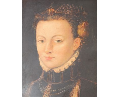 A 19th century print canvas portrait. The print depicting a woman posed in high neck garment against a black background. Fram