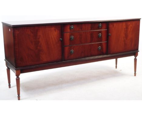 A vintage 20th century reproduction mahogany sideboard credenza sideboard. Rectangular form with a bank of three drawers to c