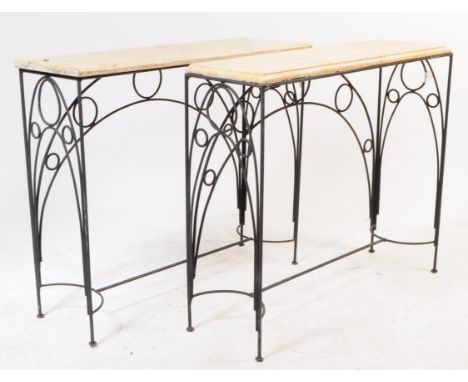 A pair of vintage 20th century marble top iron hall / console tables. Rectangular form with light marble top, on a cast iron 