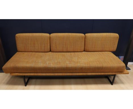 A three-seater vintage sofa with orange fabric upholstery, Dutch design, 1960s, h 72 x w 194 x d 72 cm (frame paint damage).