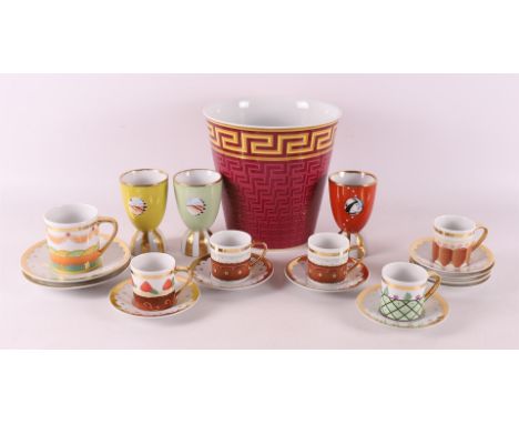 A polychrome decorated 'Versace' cache-pot, Rosenthal, Studio-linie, Germany. Hereby various 'Bulgary' cups and saucers + thr