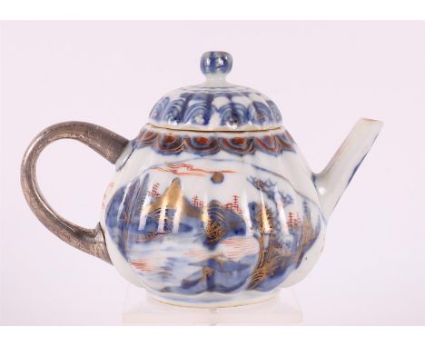 A porcelain pumpkin-shaped Chinese Imari teapot on a non-original silver handle, China, Qianlong 18th century. Blue, red, par