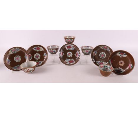 A series of five assorted Batavia porcelain cups and saucers, China, Qianlong, 18th century. Polychrome floral decoration in 