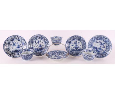 Three blue/white porcelain cups with four saucers, China, Kangxi, 18th century. Blue underglaze floral decoration. This inclu