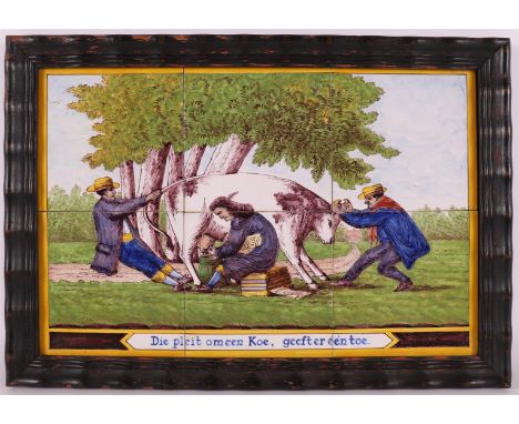 A six-step tile tableau with a representation of a lawyer 'He who pleads for a cow, gives one away', Friesland, ca. 1900. Pol