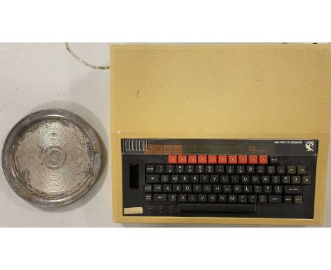 An original BBC Microcomputer Model B (untested) and a well worn sterling silver plate with BBC monogram engraved (20cm diame