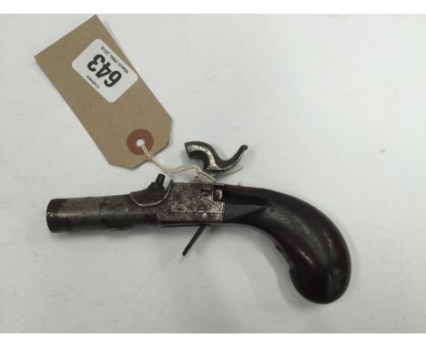 A Continental percussion pistol with floral engraving to both lock plate, dark mahogany butt (split), (folding trigger and ha