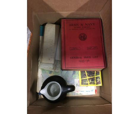A box of ephemera including an Army and Navy Stores Limited Price List 1935 - 1936.