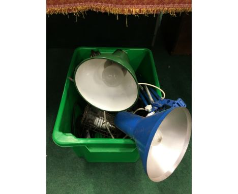 A box containing three various Industrial angle poise electric wall lights together with a metal inspection lamp.