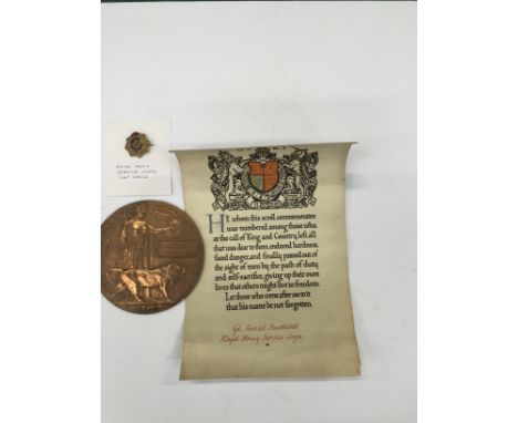 A WW1 Death Plaque and scroll together with a Royal Army Service Corps badge and scroll,  awarded to Harold Smethhurst.