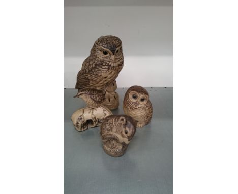 A Poole Pottery Barbara Linley Adams stoneware model of a Little Owl together with an Owl Chick and two other items.