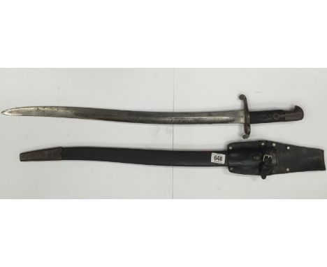 An Enfield sword bayonet and scabbard together with a reproduction leather frog, leather grip in poor condition, blade marked
