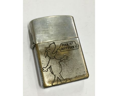 A Vietnam period Zippo chrome cigarette lighter decorated with a Dog with speech bubble F... It! Just F... It, inscribed to r