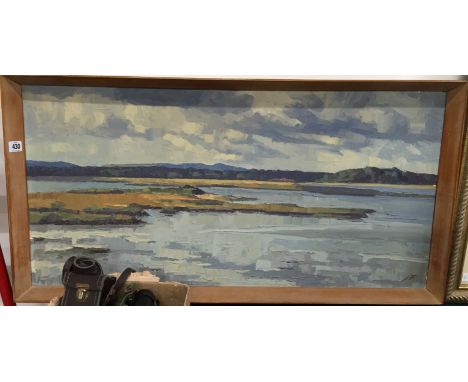 James Fry: Framed oil on board; The Edge of Poole Harbour, in original frame, signed and inscribed to reverse (90cm x 45cm).
