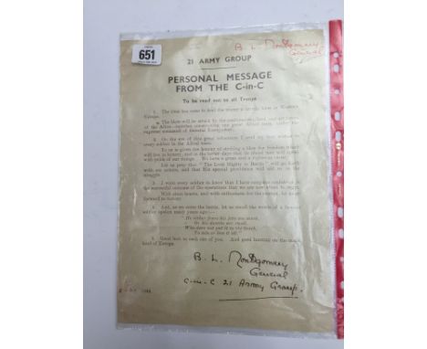 21st Army Group personal message from the Commander in Chief being a reprint marked  B. L. Montgomery with another signature 