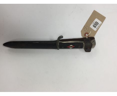 A Hitler Youth knive, grip cross grain finish, blade marked R2M M7/72, painted steel scabbard with leather loop and press stu