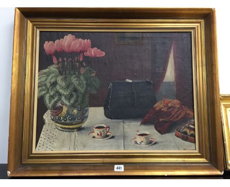 Otto Benisek: Gilt framed oil on canvas; Potted Cyclamen, coffee cups and saucers with handbag, scarf and ashtray on table (5