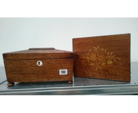 A mahogany tea caddy together with an inlaid mahogany box decorated with flowers.