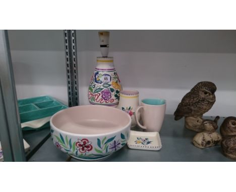 A Poole Pottery lamp base, decorated in the LE pattern (chip to base) together with four other items.